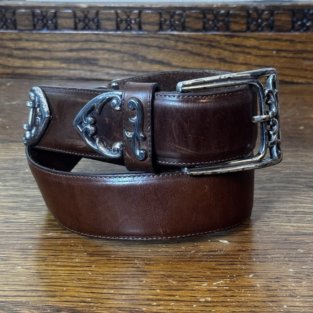 Brighton Brown Leather Belt 34 Ornate Silver Scroll Concho Western Boho